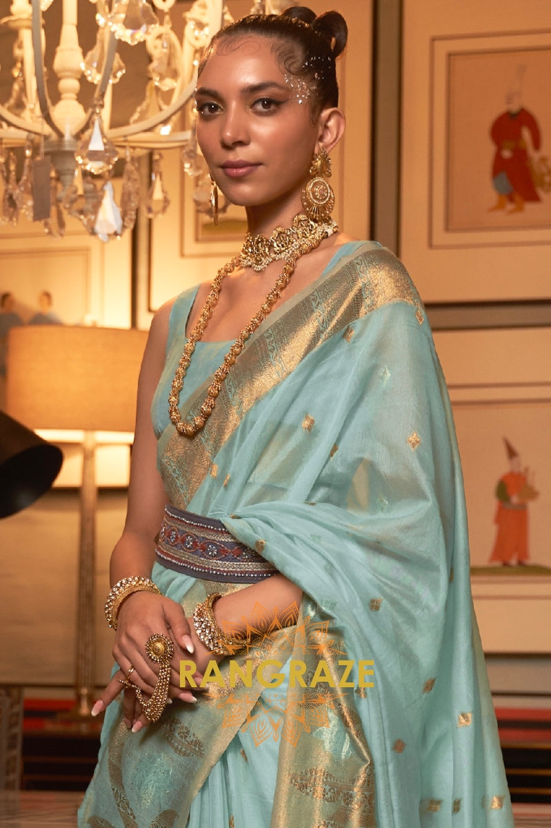 Regent Turquoise Blue Woven Banarasi Organza Silk Saree