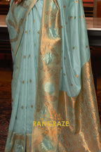 Regent Turquoise Blue Woven Banarasi Organza Silk Saree