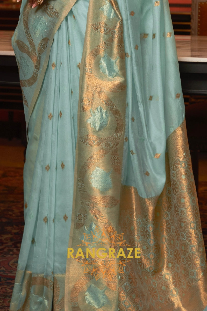 Regent Turquoise Blue Woven Banarasi Organza Silk Saree