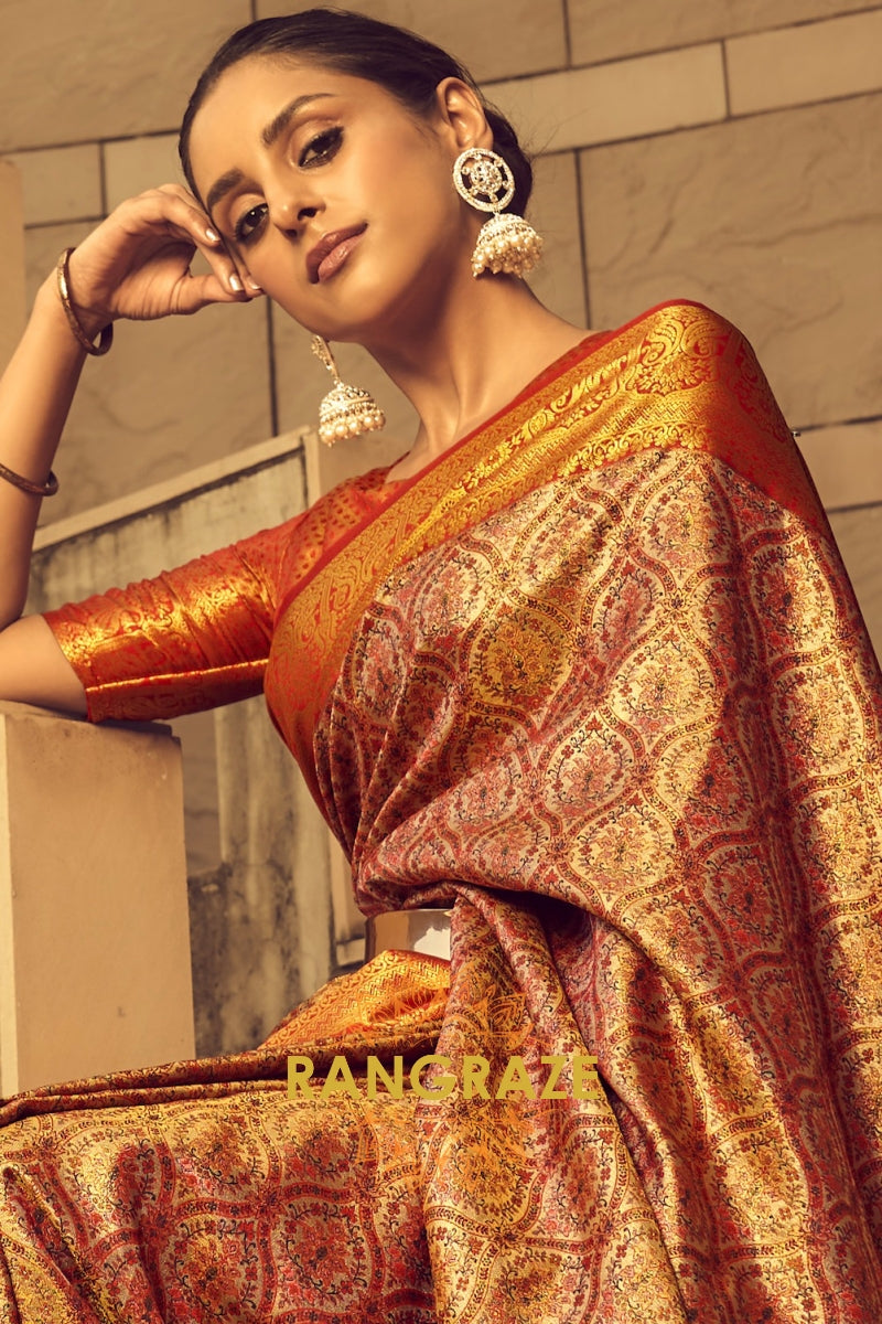 Golden And Red Brocade Banarasi Woven Silk Saree