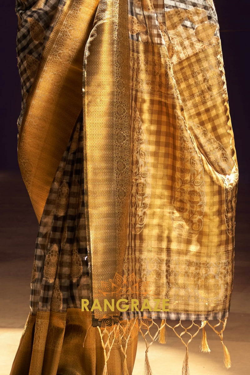 Black And Golden Woven Banarasi Organza Silk Saree