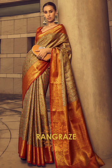 Green And Golden Brocade Banarasi Woven Silk Saree