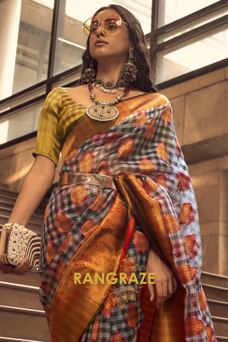 Midnight Black And Red Woven Banarasi Organza Silk Saree