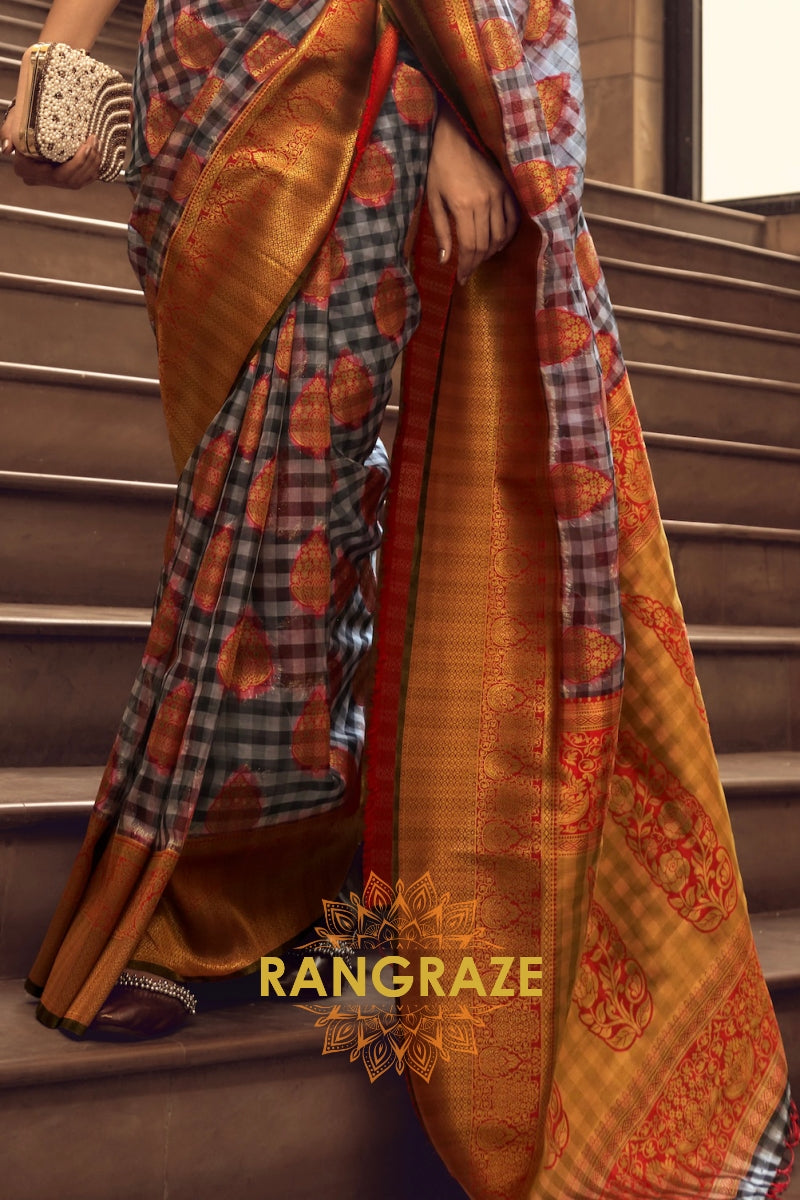 Midnight Black And Red Woven Banarasi Organza Silk Saree