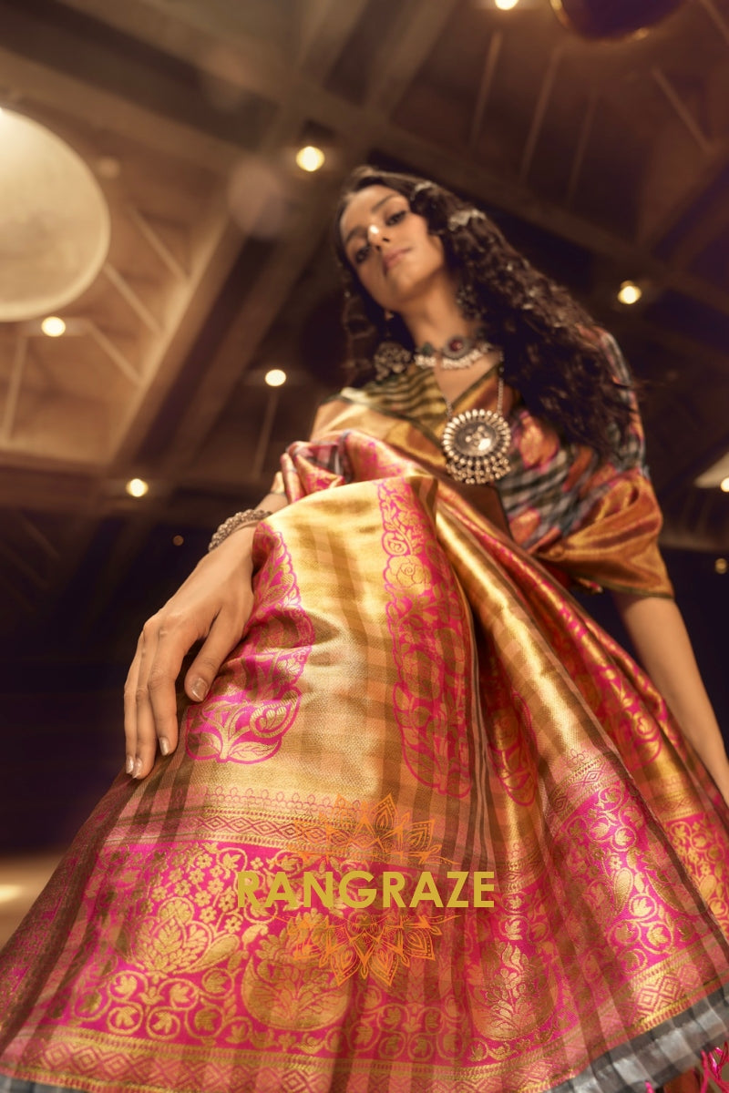 Midnight Black And Pink Woven Banarasi Organza Silk Saree