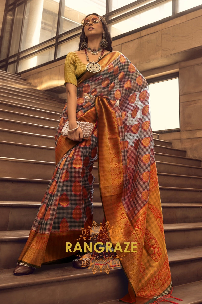 Midnight Black And Red Woven Banarasi Organza Silk Saree