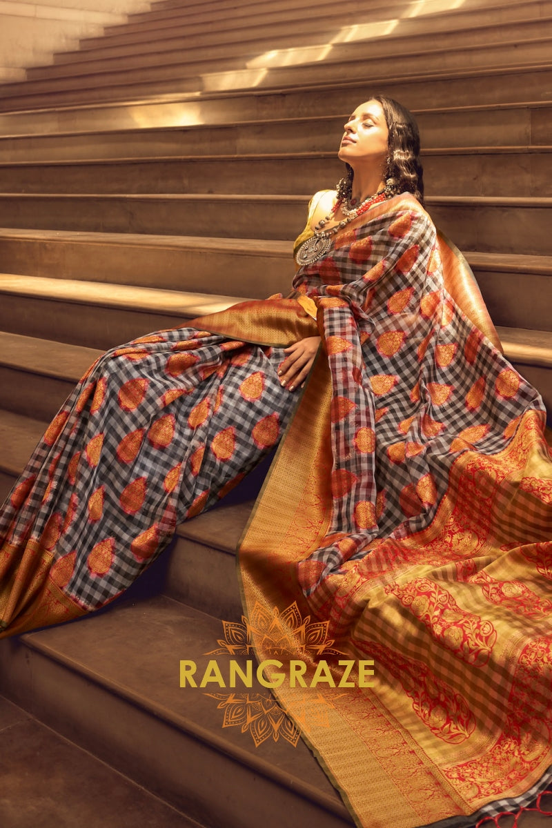Midnight Black And Red Woven Banarasi Organza Silk Saree