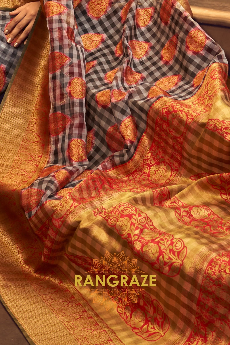 Midnight Black And Red Woven Banarasi Organza Silk Saree