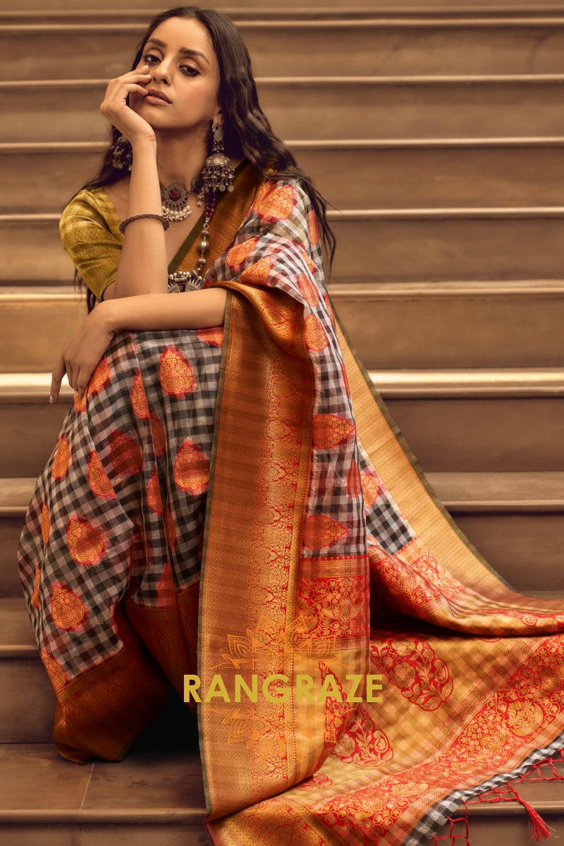 Midnight Black And Red Woven Banarasi Organza Silk Saree