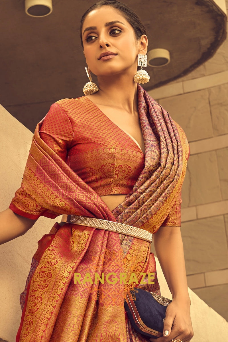 Wild Berry Pink And Golden Banarasi Woven Silk Saree