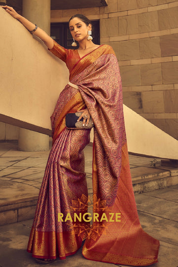 Wild Berry Pink And Golden Banarasi Woven Silk Saree