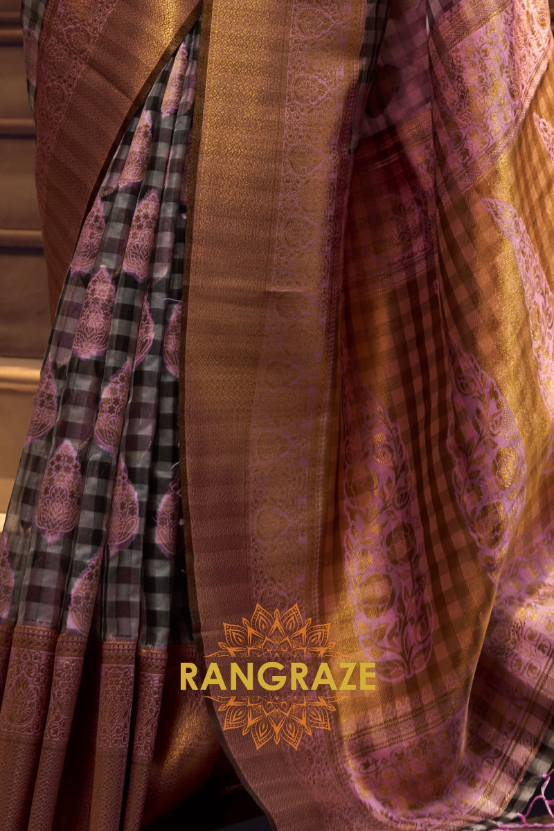 Deep Lilac And Golden Woven Banarasi Organza Silk Saree