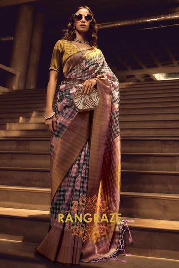 Deep Lilac And Golden Woven Banarasi Organza Silk Saree