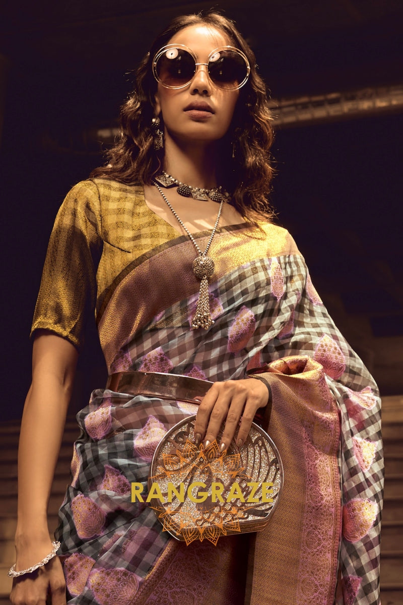 Deep Lilac And Golden Woven Banarasi Organza Silk Saree