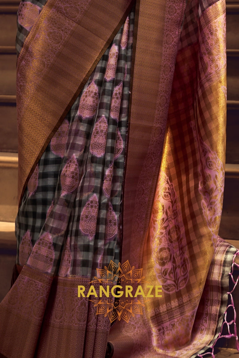 Deep Lilac And Golden Woven Banarasi Organza Silk Saree