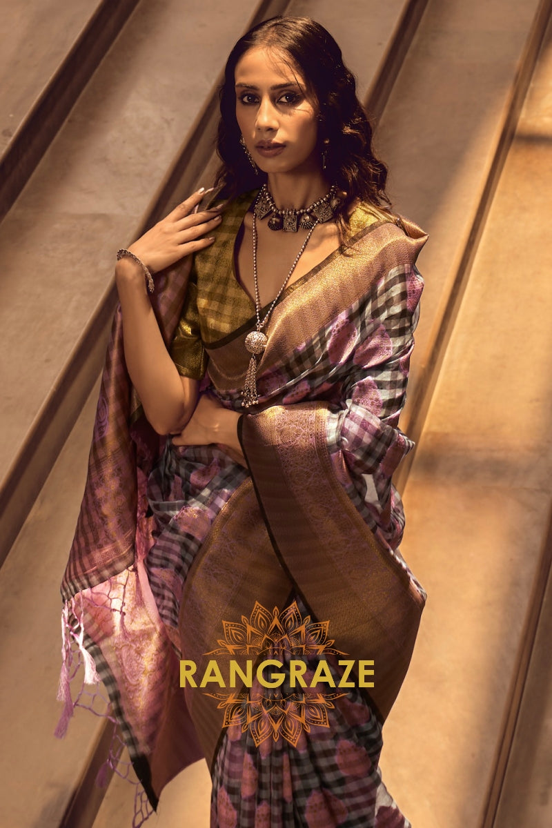 Deep Lilac And Golden Woven Banarasi Organza Silk Saree