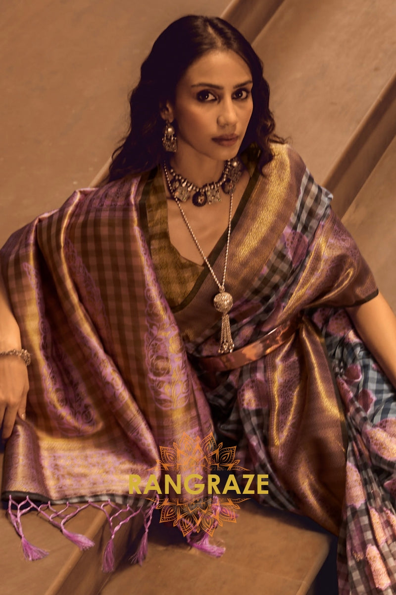 Deep Lilac And Golden Woven Banarasi Organza Silk Saree