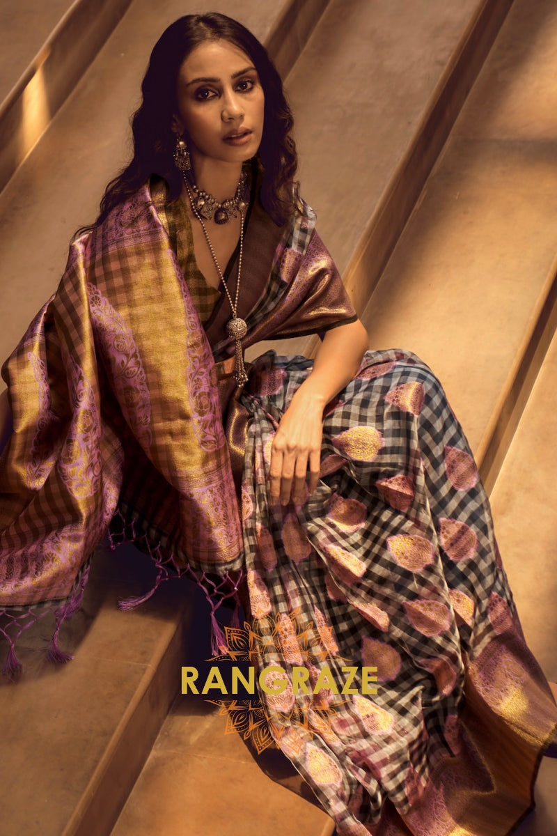 Deep Lilac And Golden Woven Banarasi Organza Silk Saree