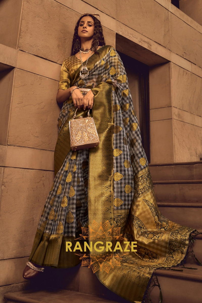 Olive Golden And Black Woven Banarasi Organza Silk Saree