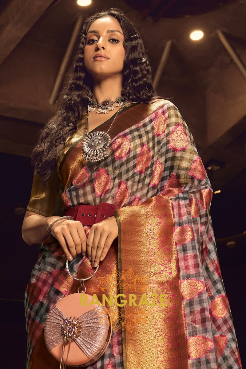 Midnight Black And Pink Woven Banarasi Organza Silk Saree