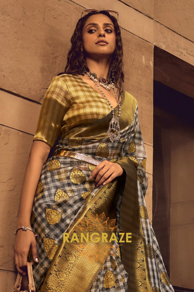 Olive Golden And Black Woven Banarasi Organza Silk Saree