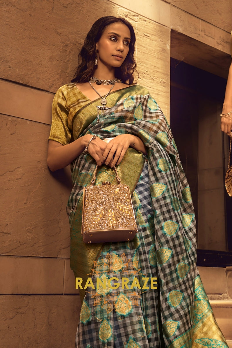 Turquoise Blue And Golden Woven Banarasi Organza Silk Saree