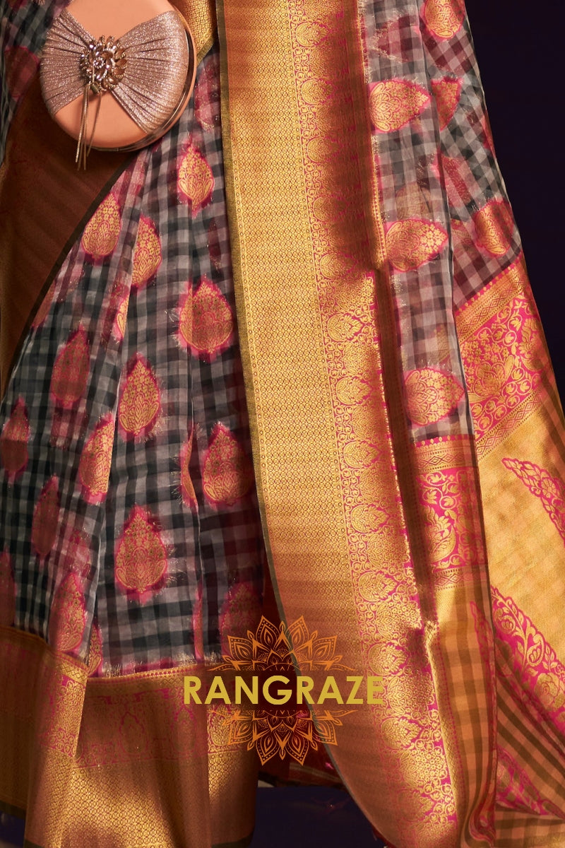 Midnight Black And Pink Woven Banarasi Organza Silk Saree