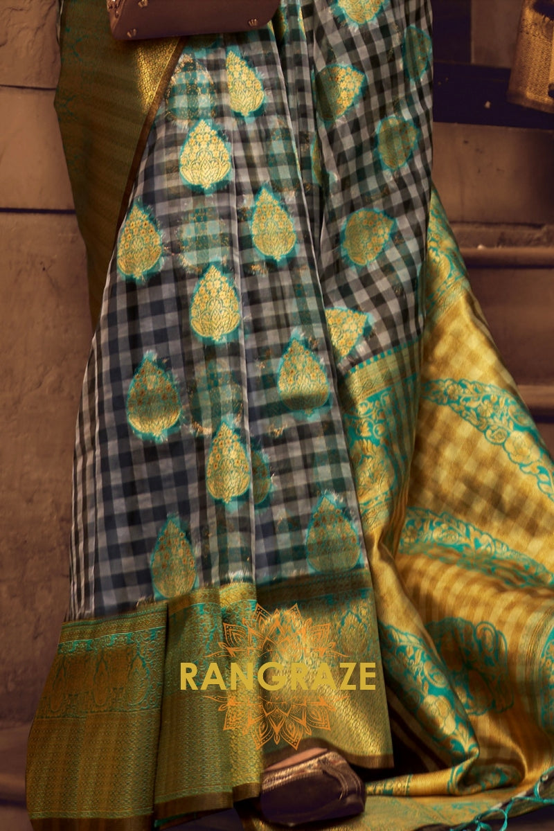 Turquoise Blue And Golden Woven Banarasi Organza Silk Saree