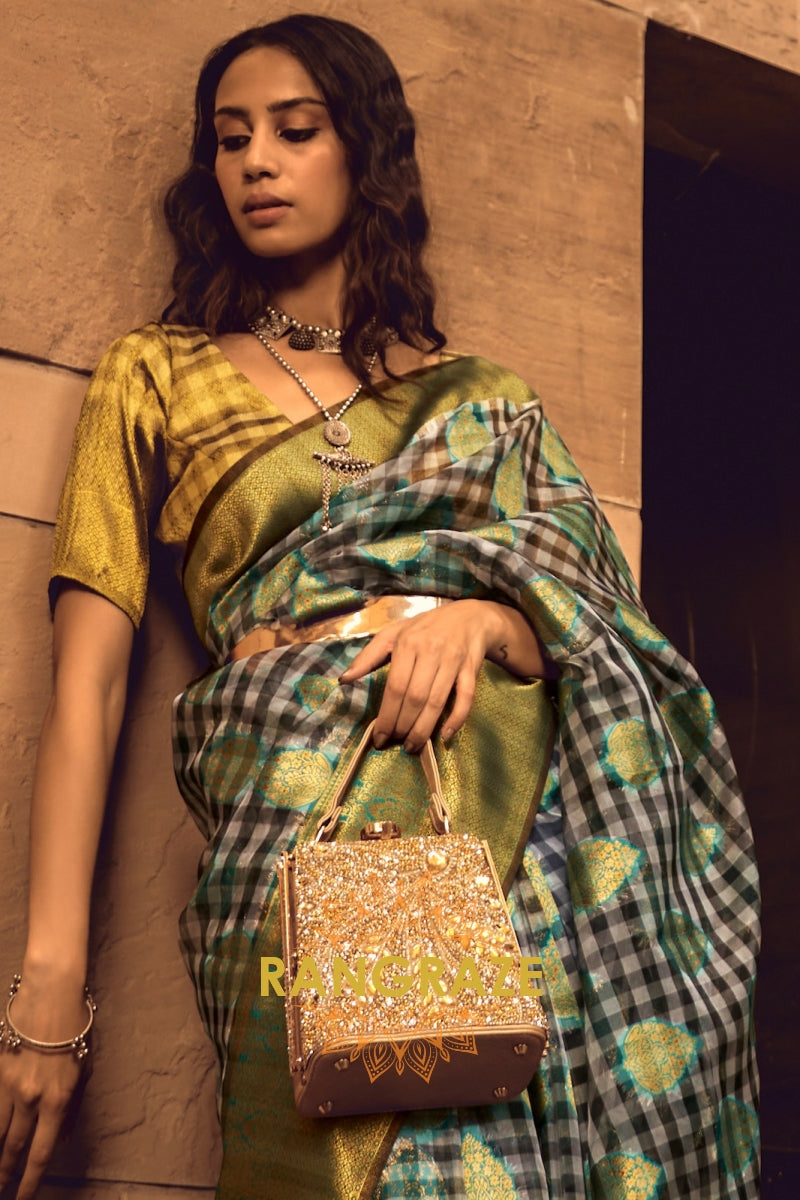 Turquoise Blue And Golden Woven Banarasi Organza Silk Saree