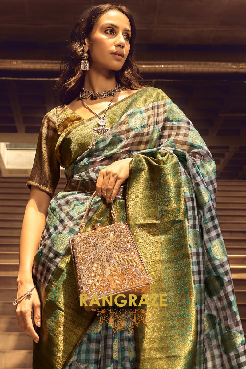 Turquoise Blue And Golden Woven Banarasi Organza Silk Saree