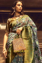 Turquoise Blue And Golden Woven Banarasi Organza Silk Saree