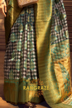 Turquoise Blue And Golden Woven Banarasi Organza Silk Saree