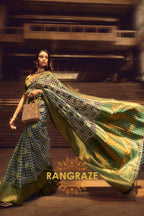 Turquoise Blue And Golden Woven Banarasi Organza Silk Saree