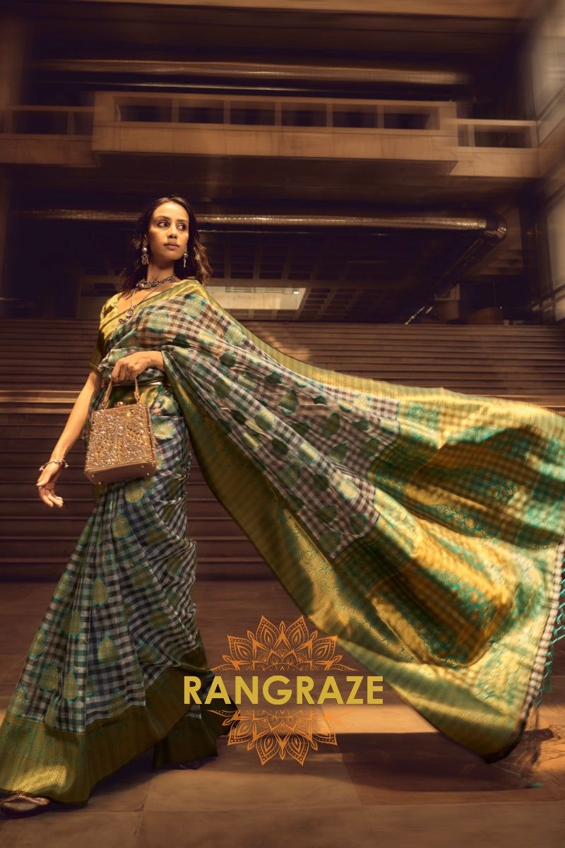 Turquoise Blue And Golden Woven Banarasi Organza Silk Saree