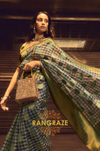 Turquoise Blue And Golden Woven Banarasi Organza Silk Saree