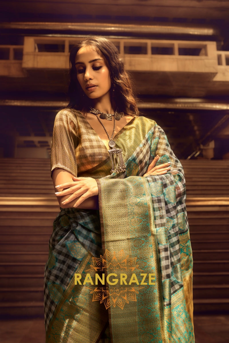 Turquoise Blue And Golden Woven Banarasi Organza Silk Saree