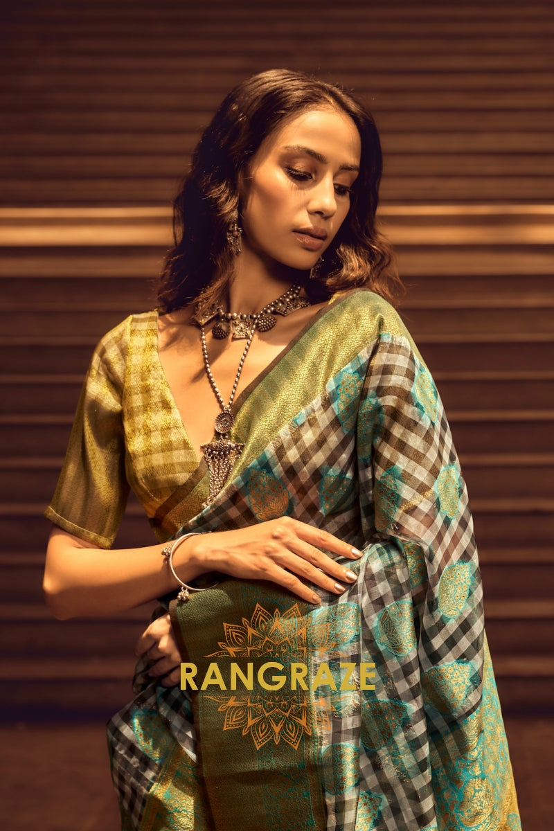 Turquoise Blue And Golden Woven Banarasi Organza Silk Saree