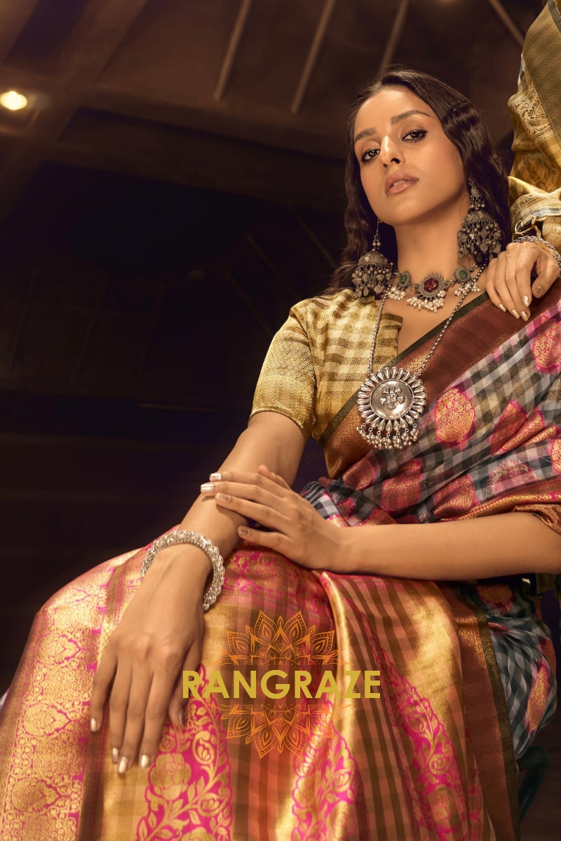 Midnight Black And Pink Woven Banarasi Organza Silk Saree