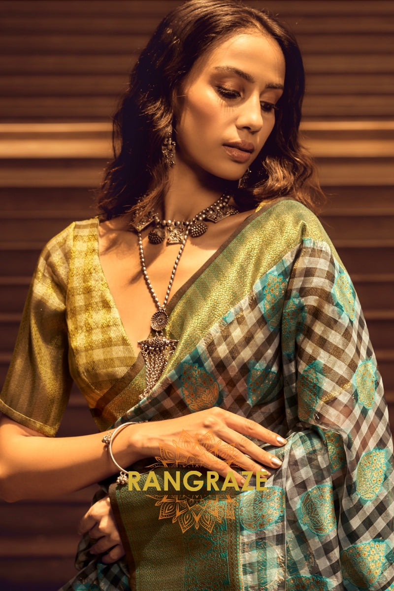 Turquoise Blue And Golden Woven Banarasi Organza Silk Saree