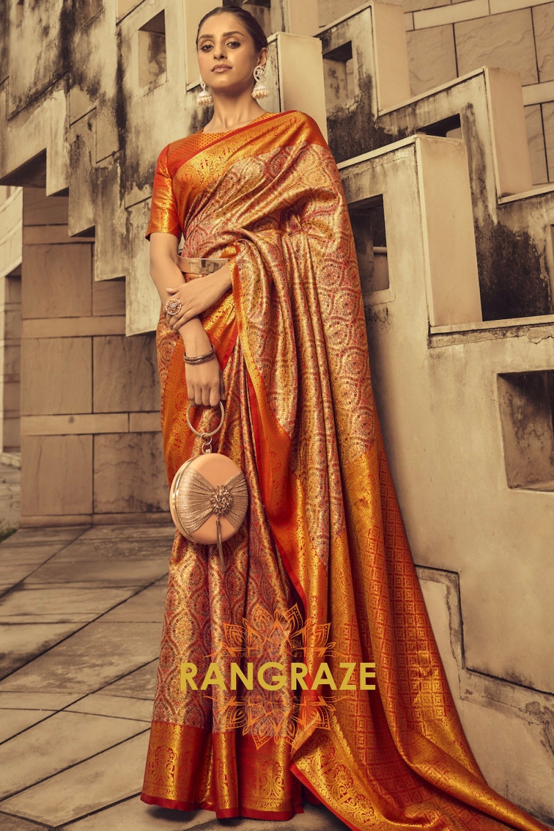 Golden And Red Brocade Banarasi Woven Silk Saree