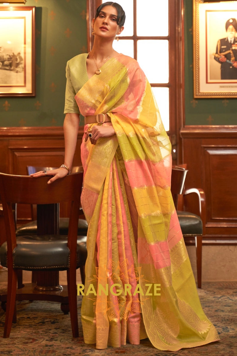 Pink And Light Green Woven Banarasi Organza Silk Saree