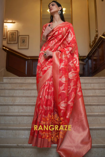 Crimson Red Woven Banarasi Organza Silk Saree