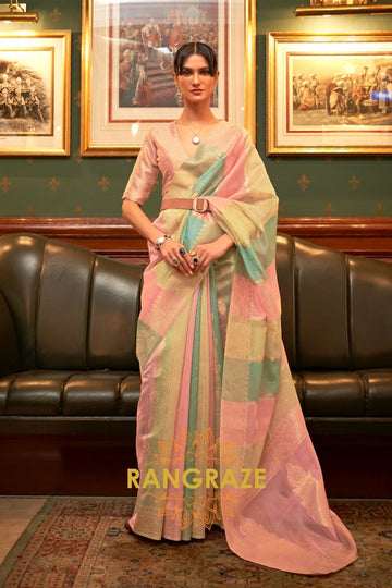 Pink And Sea Green Woven Banarasi Organza Silk Saree With Golden Zari Work