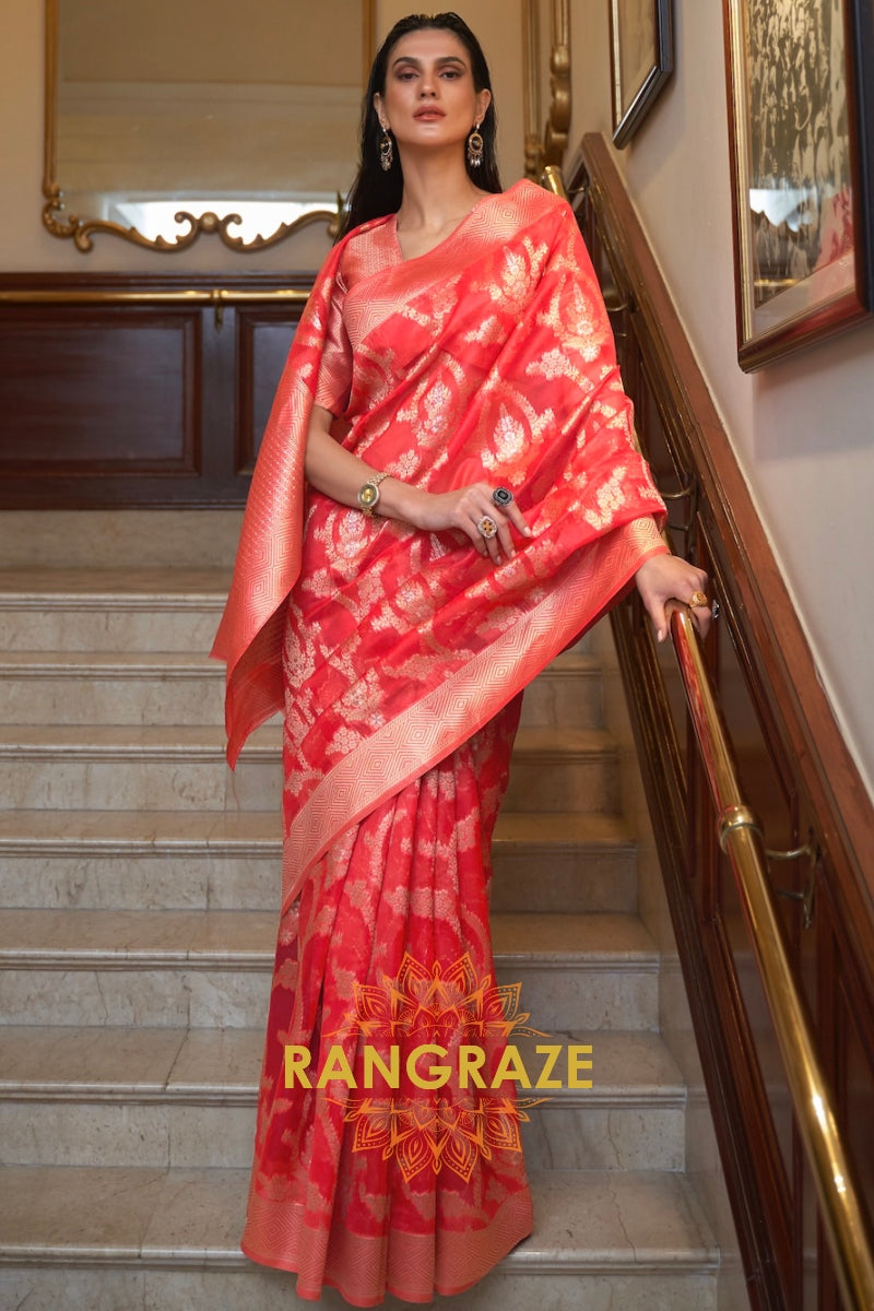 Crimson Red Woven Banarasi Organza Silk Saree