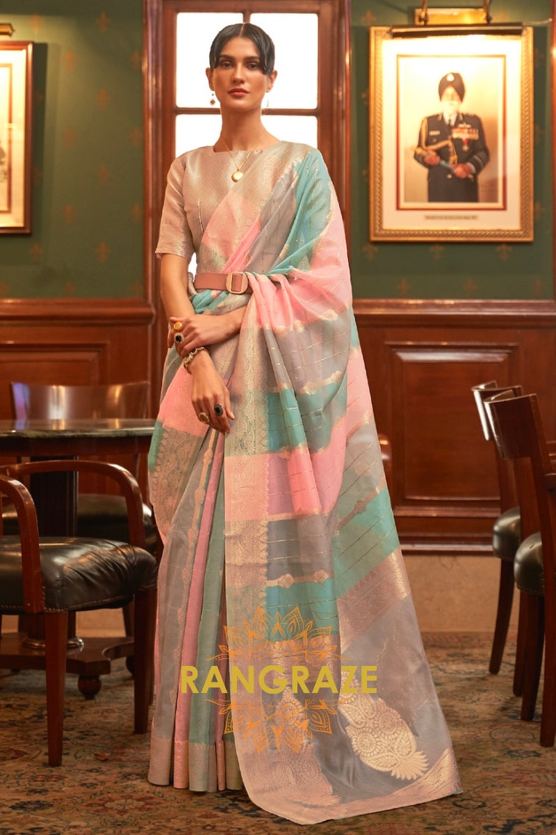 Blue And Sea Green Woven Banarasi Organza Silk Saree