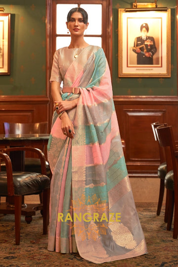 Blue And Sea Green Woven Banarasi Organza Silk Saree