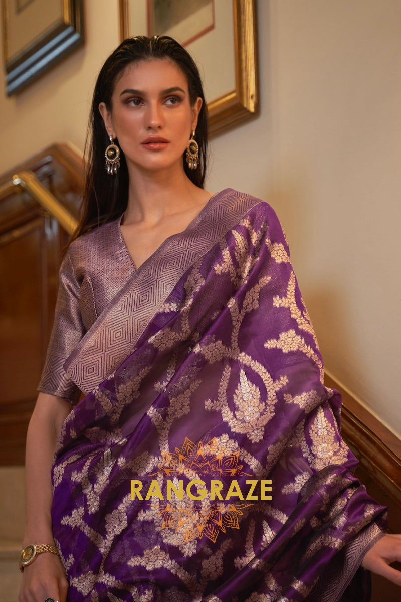 Deep Purple Woven Banarasi Organza Silk Saree