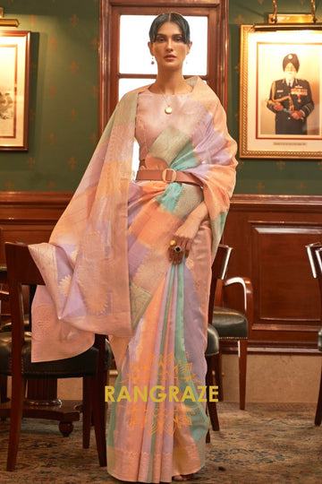 Blue And Baby Pink Woven Banarasi Organza Silk Saree