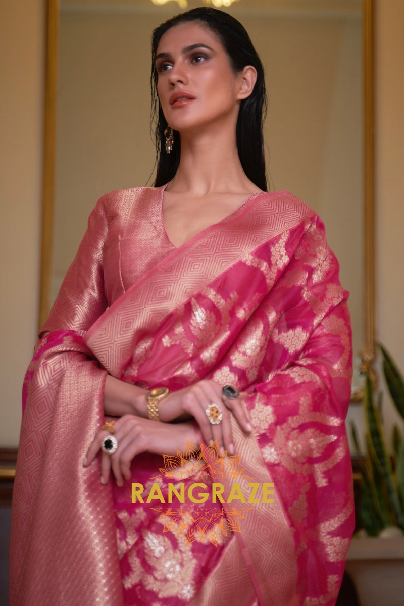 Royal Magenta Woven Banarasi Organza Silk Saree