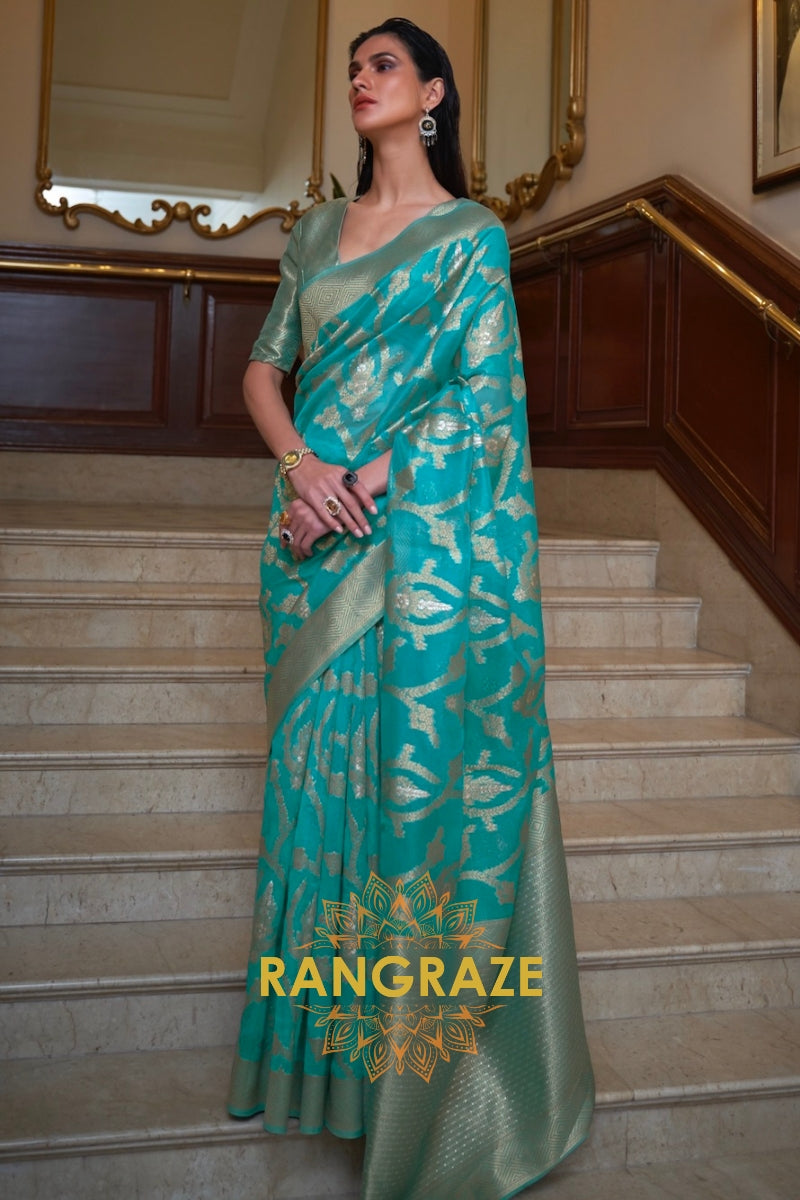 Sea Green Woven Banarasi Organza Silk Saree